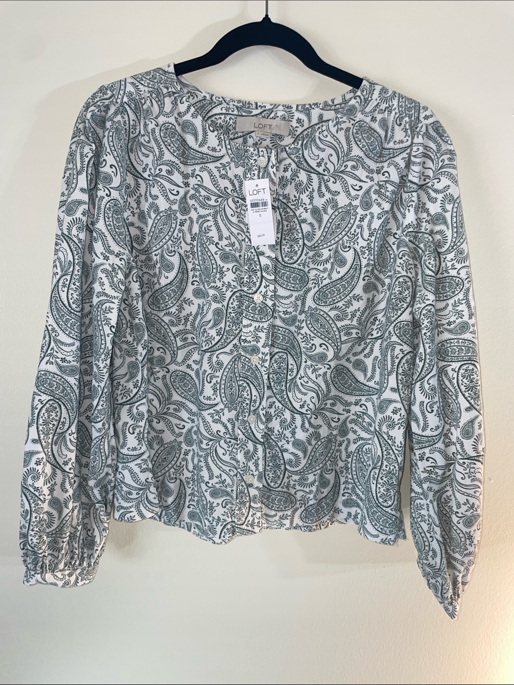 LOFT White Blouse with Green Paisley Print